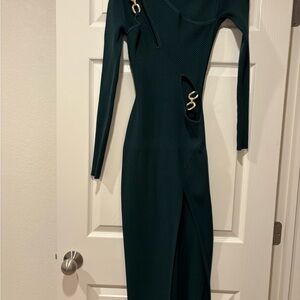NICHOLAS Dark Green Long Sleeve Dress with Gold Accents